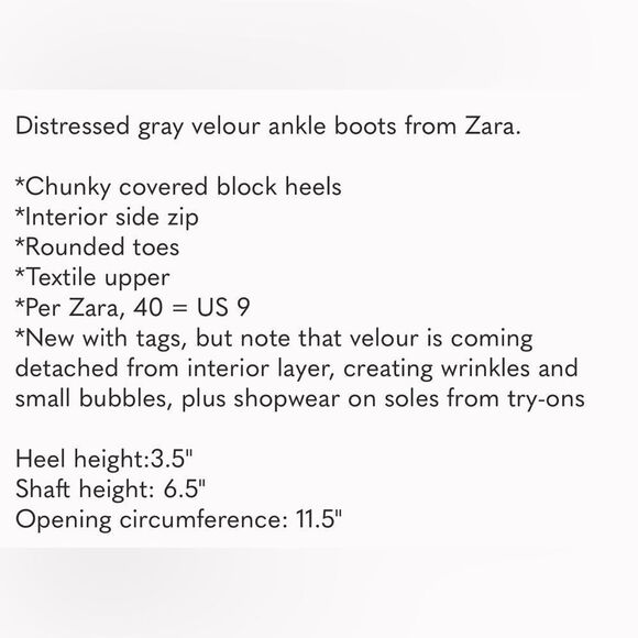 NWT ZARA Gray Velour Ankle Boots, 40/US 9 Flawed Pls Read Desc and last photo - Picture 9 of 9